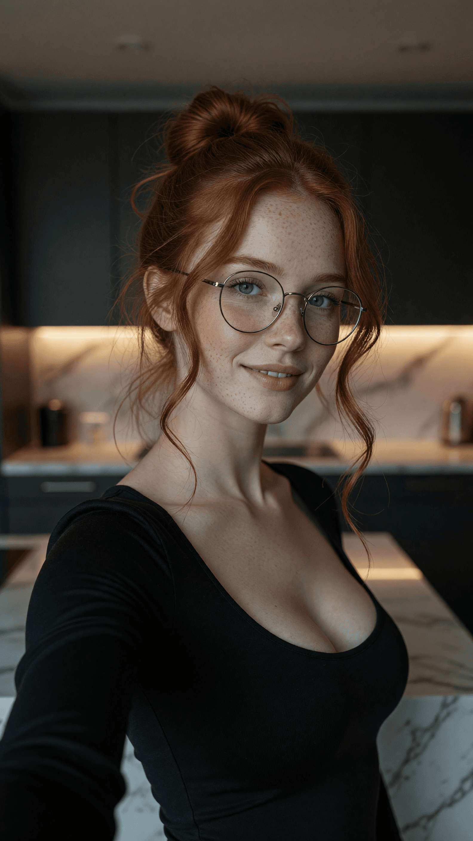 Redhead selfie in kitchen cleavage