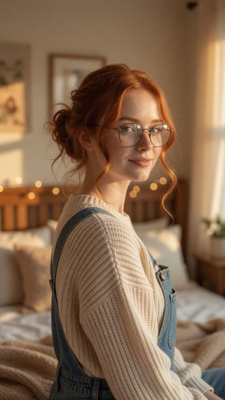 Slim redhead curves in overalls