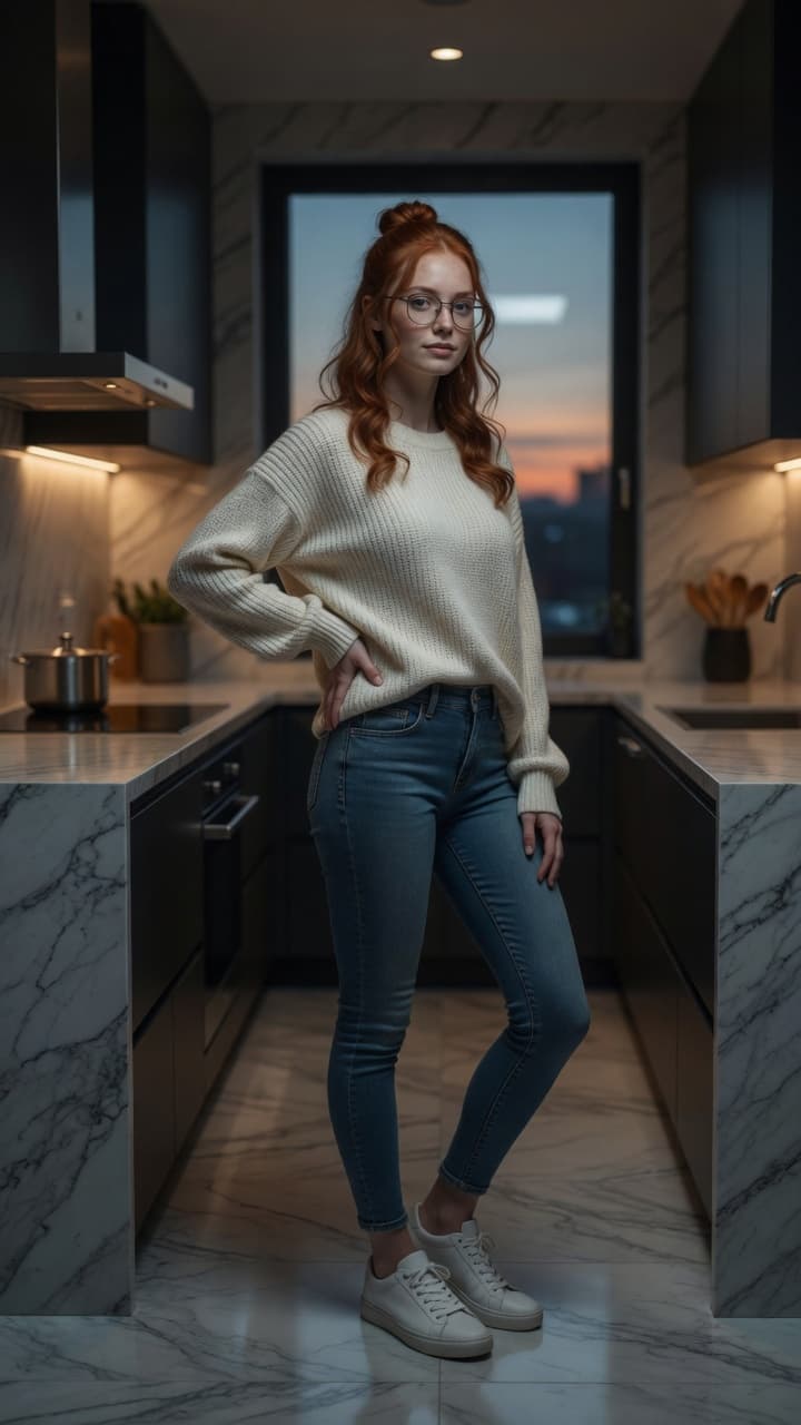 Redhead glasses kitchen sunset pose