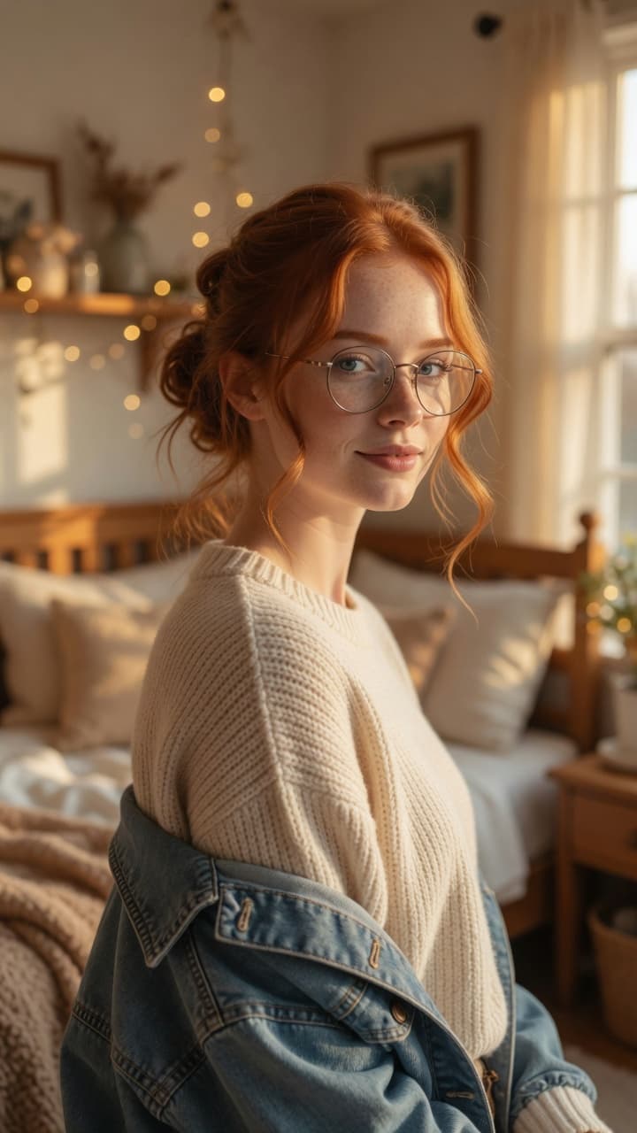 College redhead over-the-shoulder sweater look