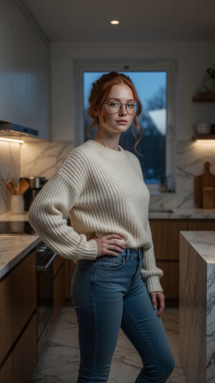 Redhead kitchen casual sweater pose
