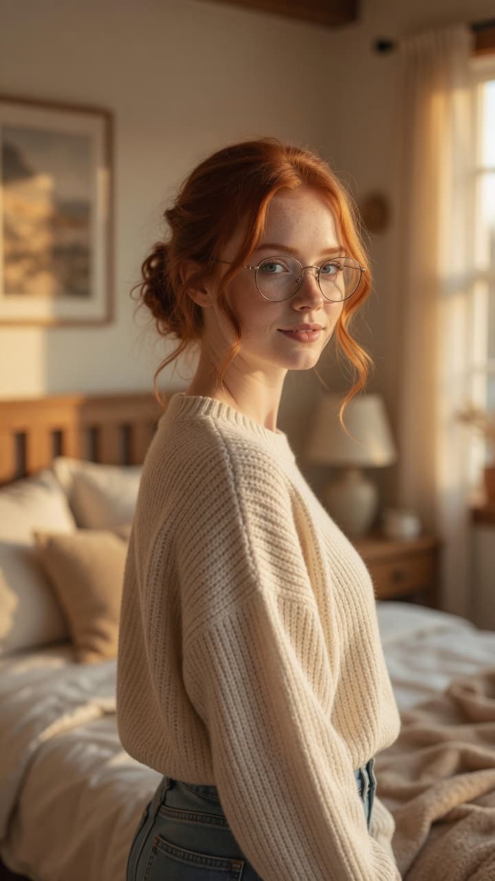 Redhead glasses over-the-shoulder bedroom glance