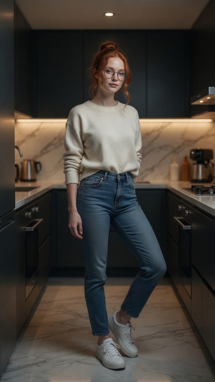 Slim redhead kitchen confident pose