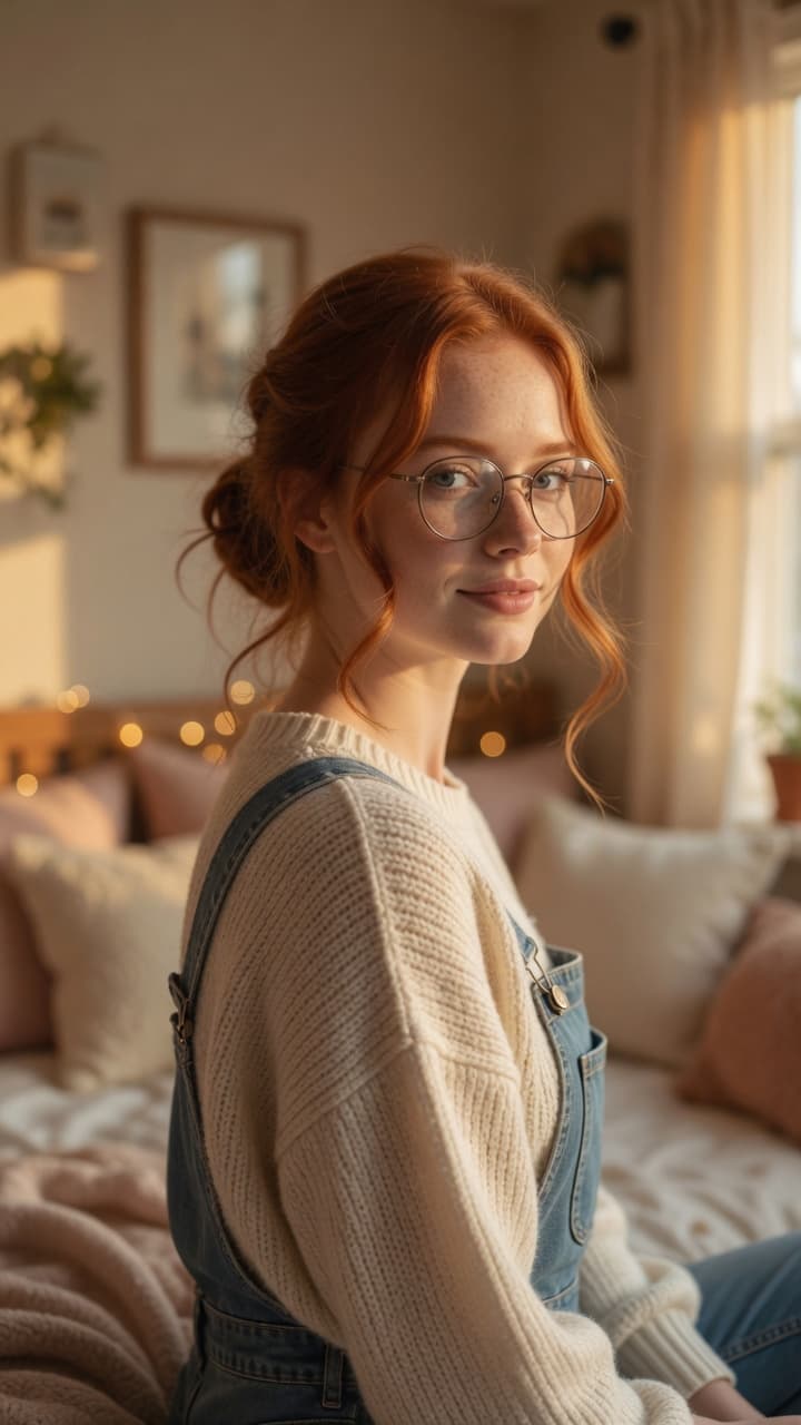 Redhead over-shoulder bedroom glance