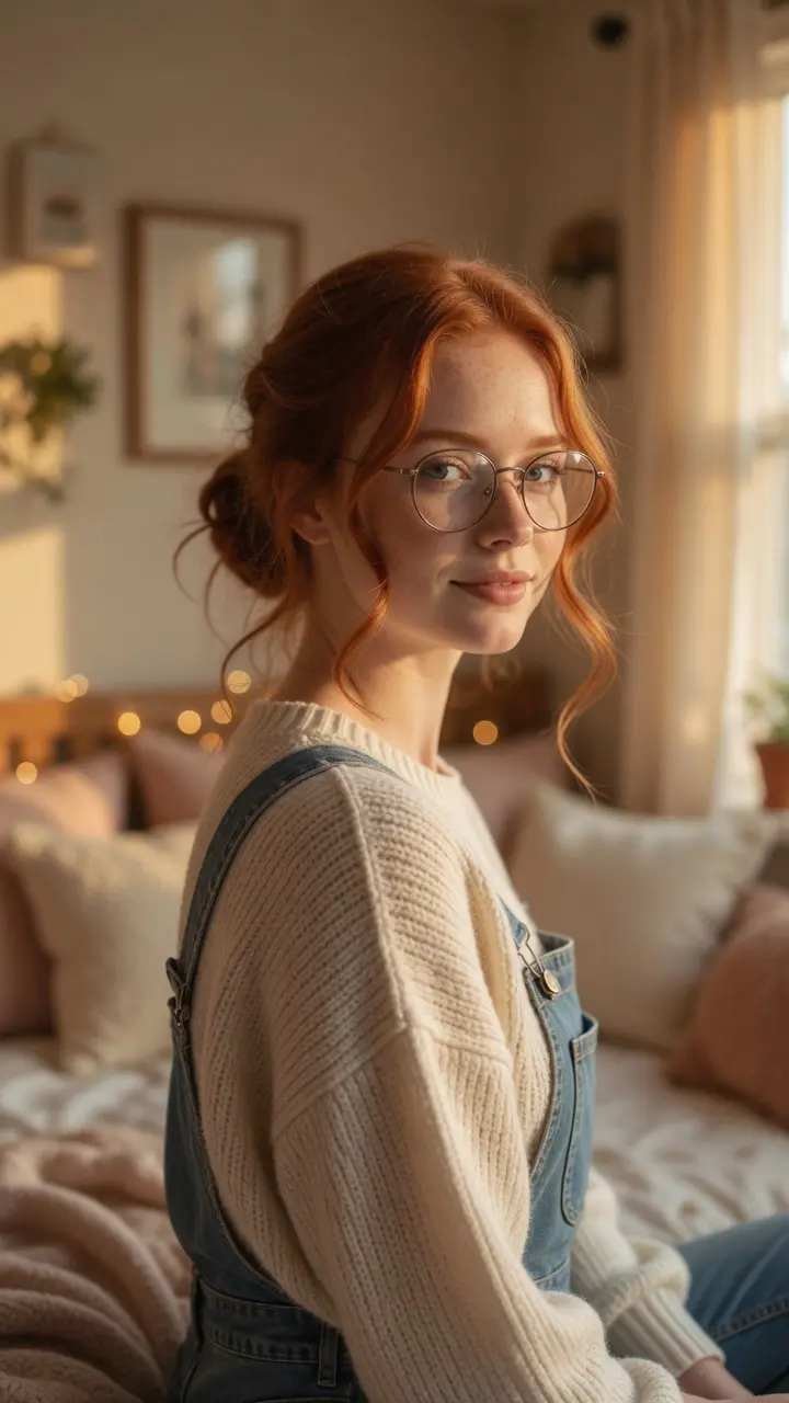 Redhead over-shoulder bedroom glance