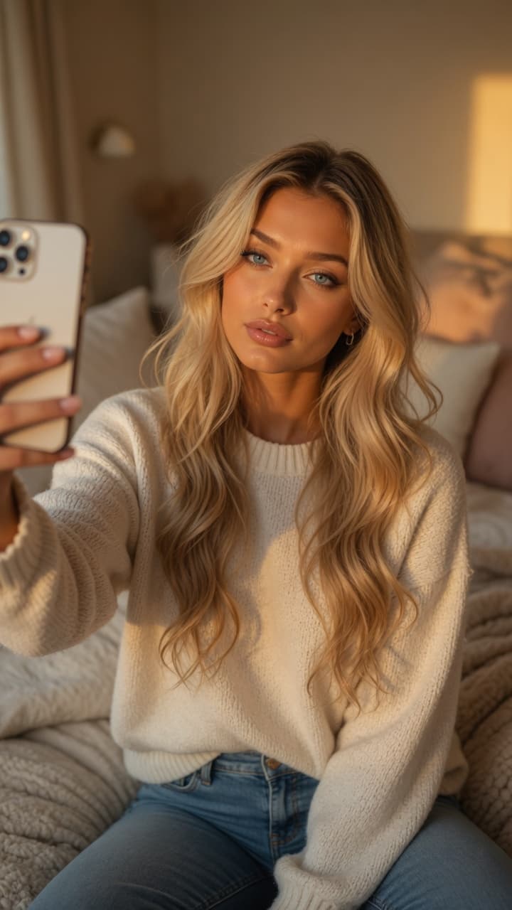 Curvy blonde cozy bedroom selfie