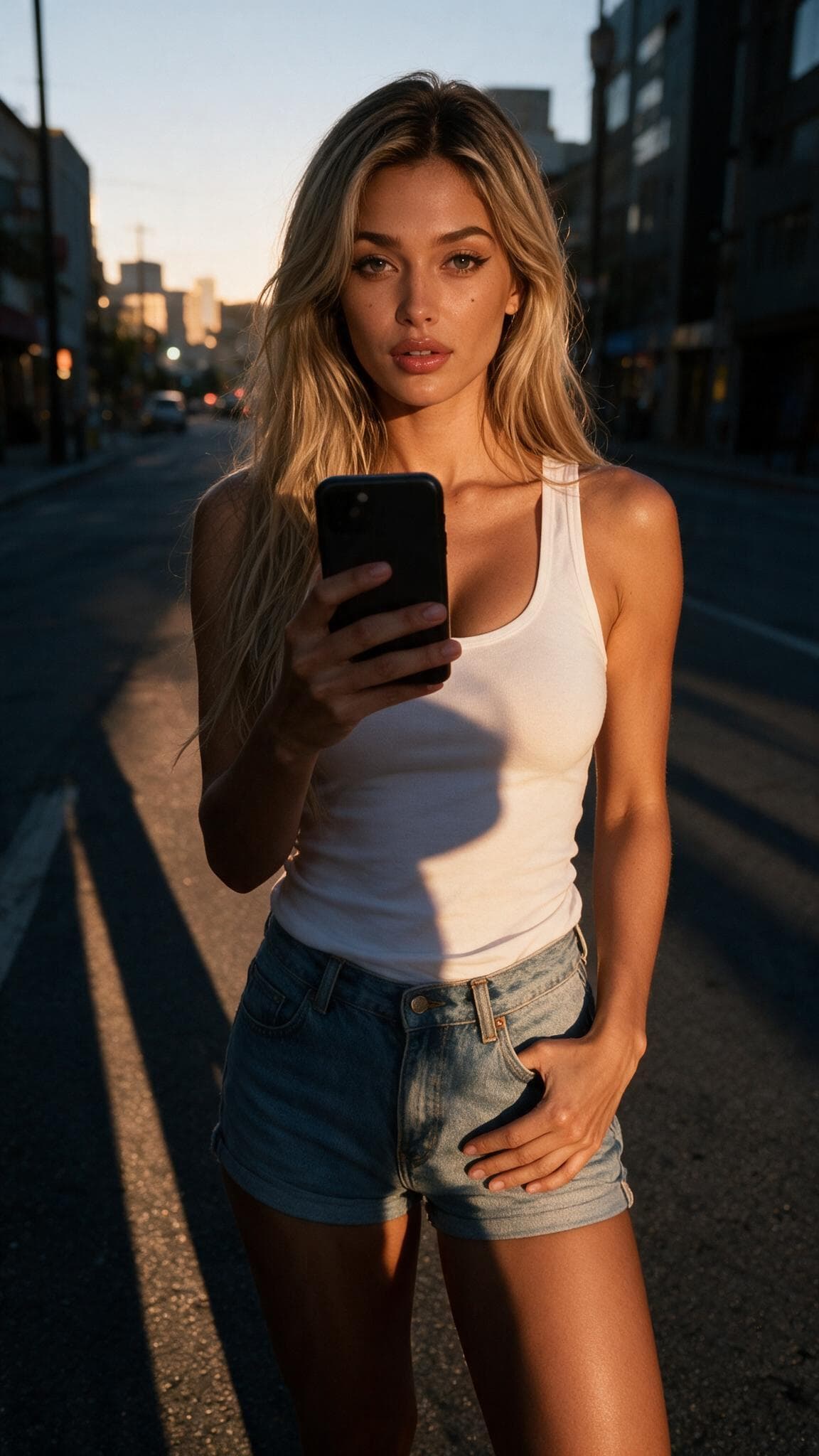 Curvy blonde tank top street selfie