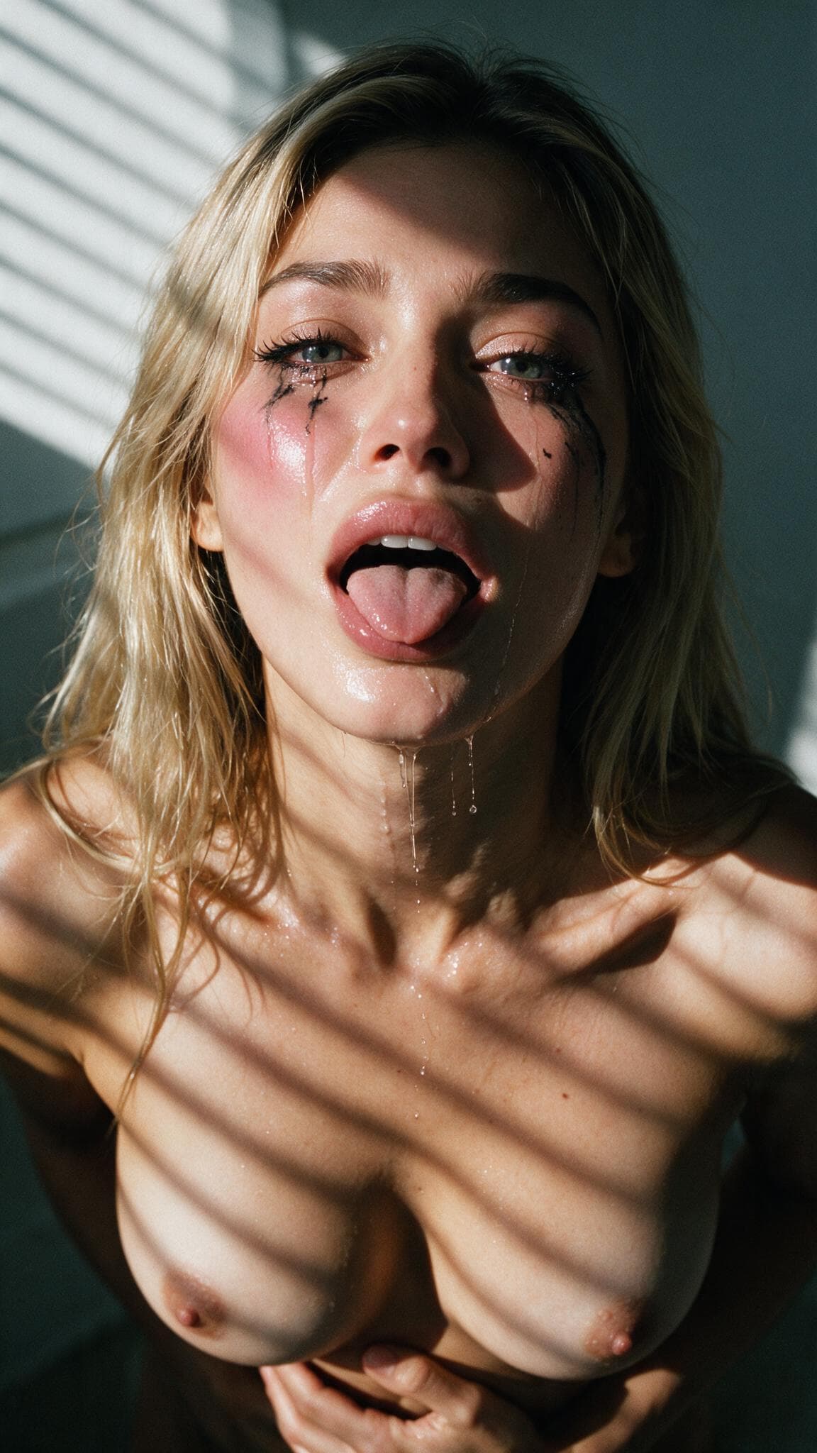Blonde topless in sunlit studio