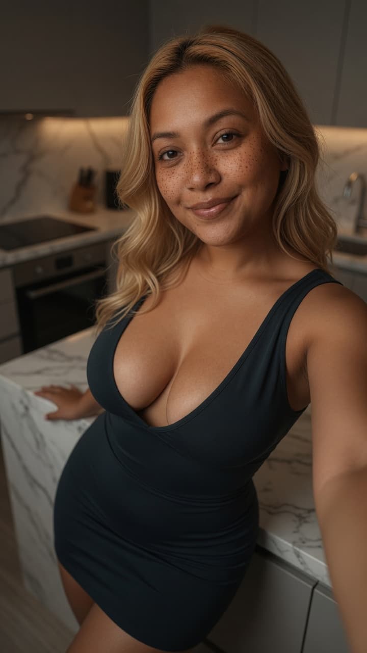 Wavy blonde selfie in kitchen
