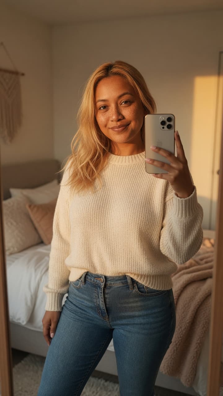 Mirror selfie in cozy bedroom
