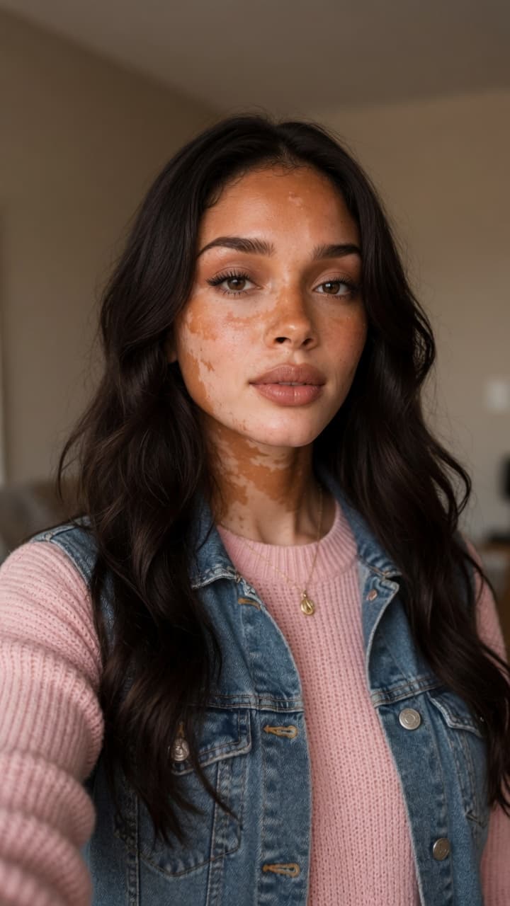 Young adult brunette close-up selfie in pink sweater