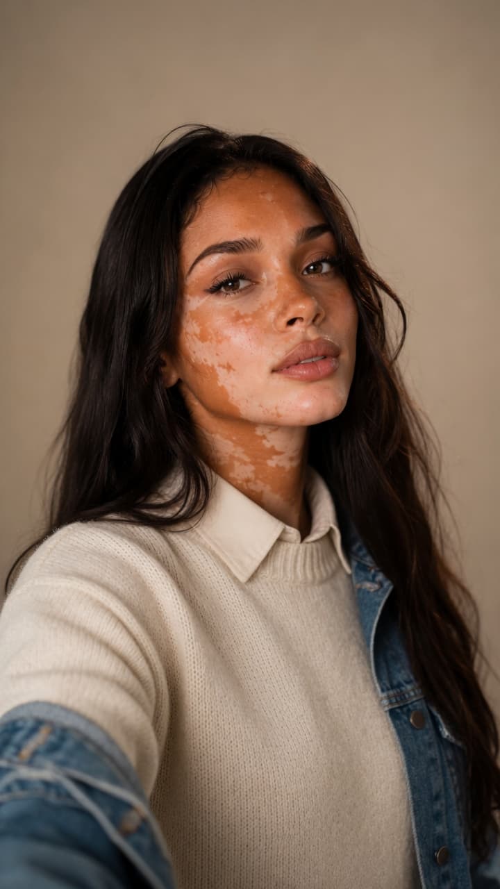 Wavy brunette brown eyes in cream knit sweater