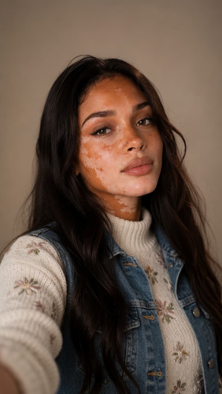 Slim brunette body in cream sweater close-up