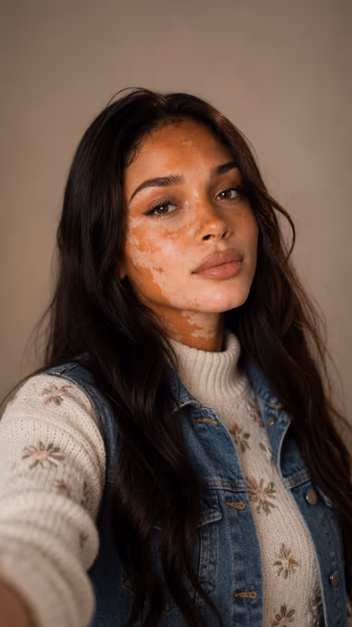 Slim brunette body in cream sweater close-up