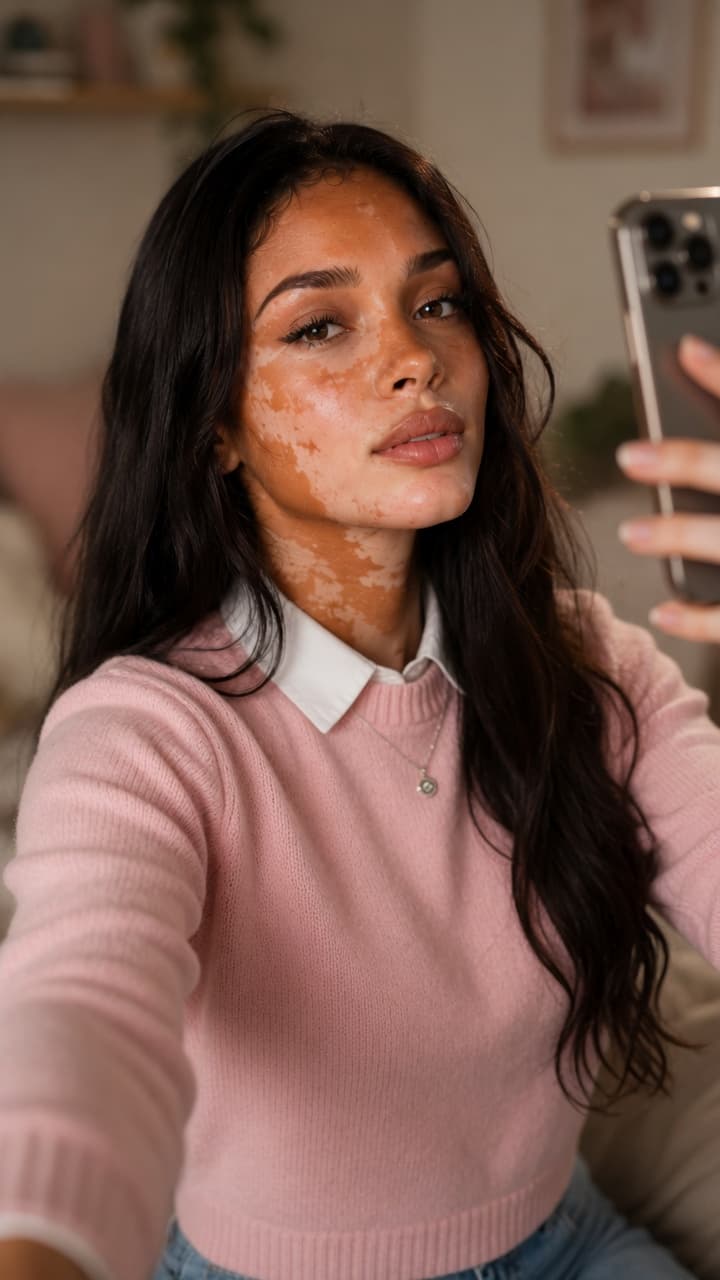 Close up selfie pink knit sweater vitiligo skin