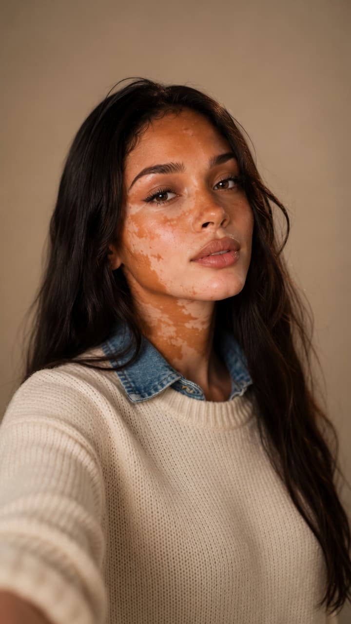 Cream knit sweater selfie close-up