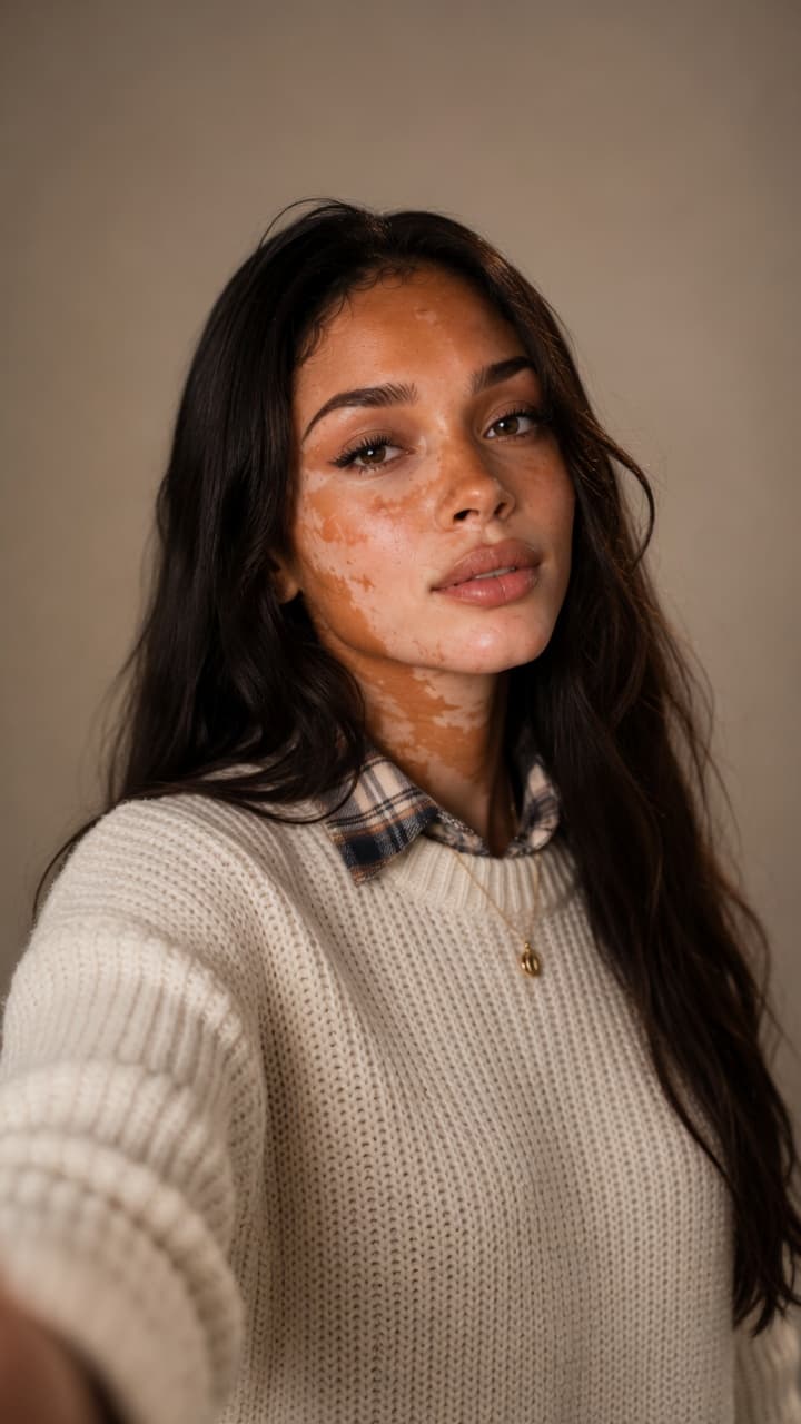 Wavy brunette selfie in cream sweater