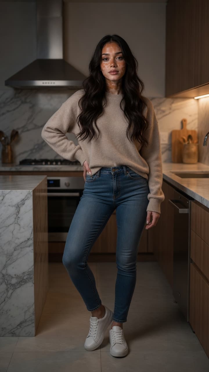 Brunette in kitchen sweater