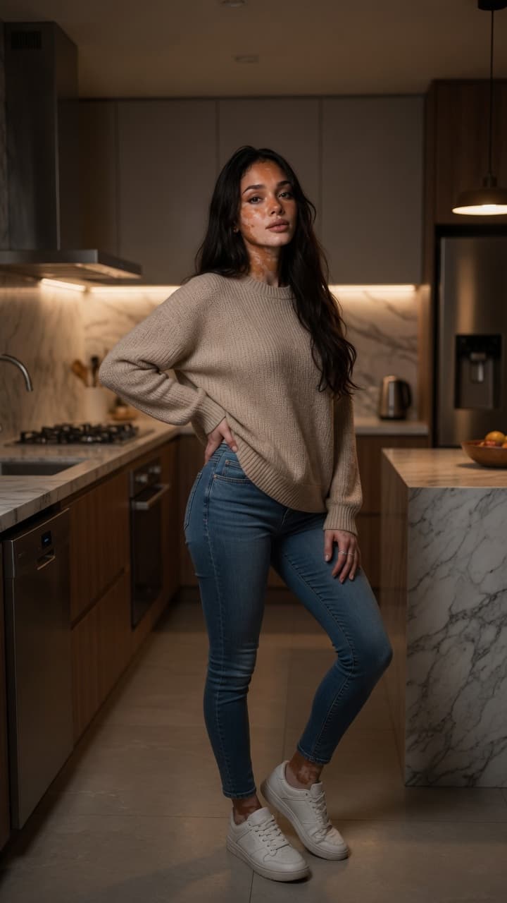 Kitchen full body pose in sweater