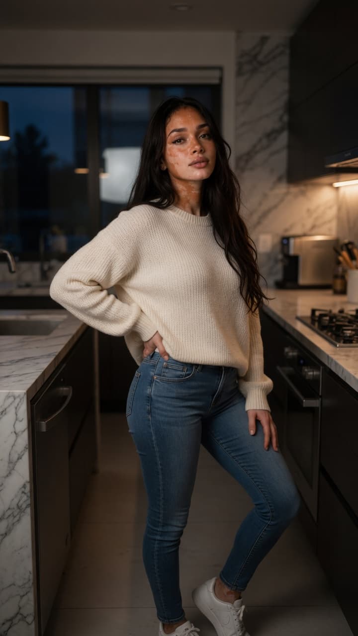 Slim brunette kitchen full body