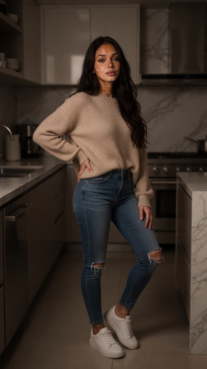 Wavy brunette in kitchen sweater