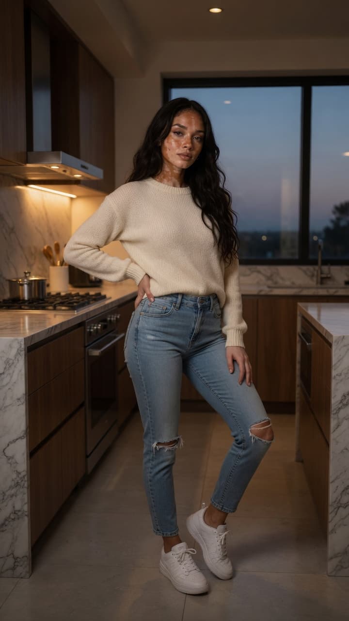 Slim brunette in cream sweater kitchen