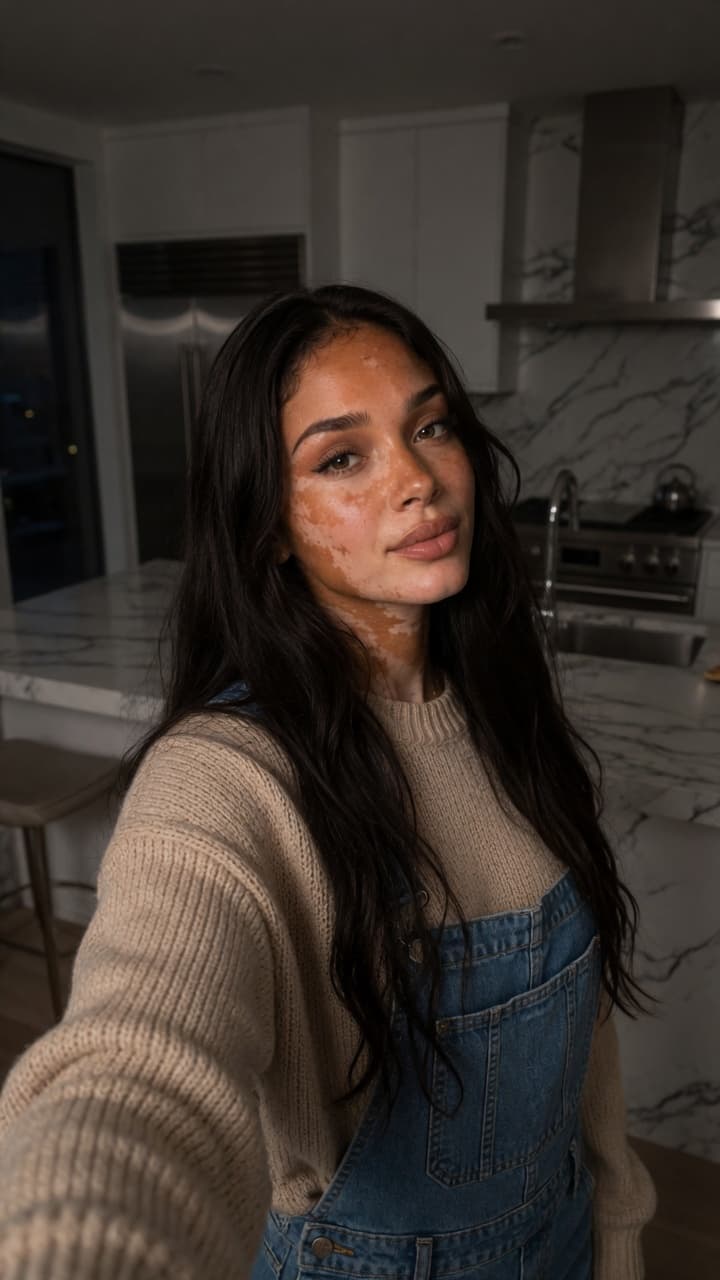 Kitchen selfie in overalls