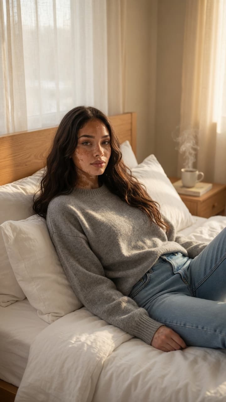 Young adult morning bedroom portrait