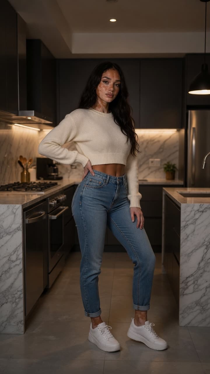 Slim brunette kitchen hip-cock pose