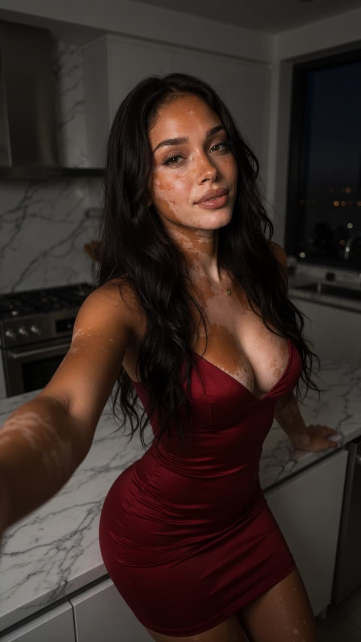Curvy brunette in red satin dress