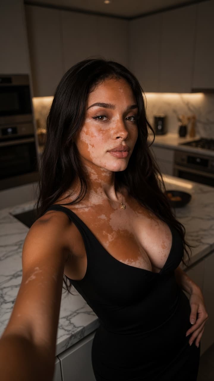 Wavy brunette kitchen selfie