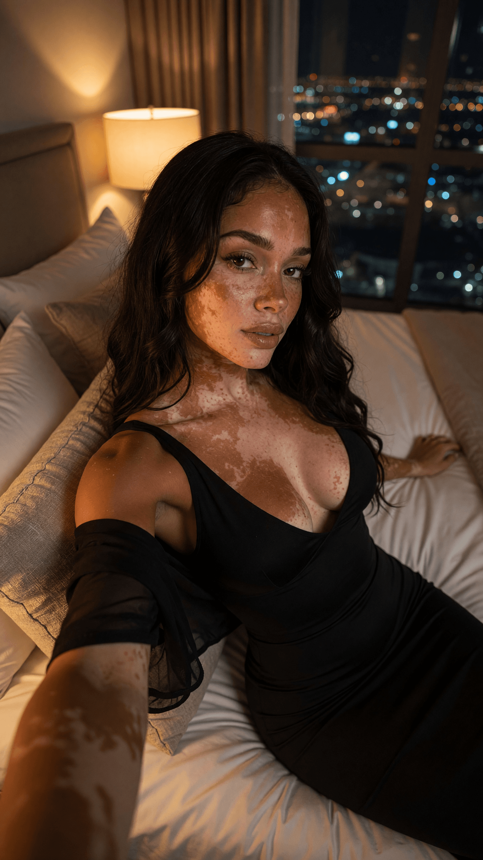 Top-down black dress cleavage selfie
