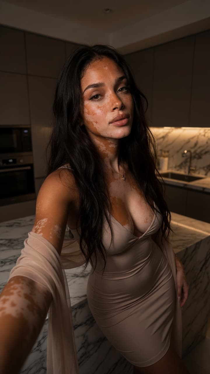 Beige bodycon dress kitchen selfie