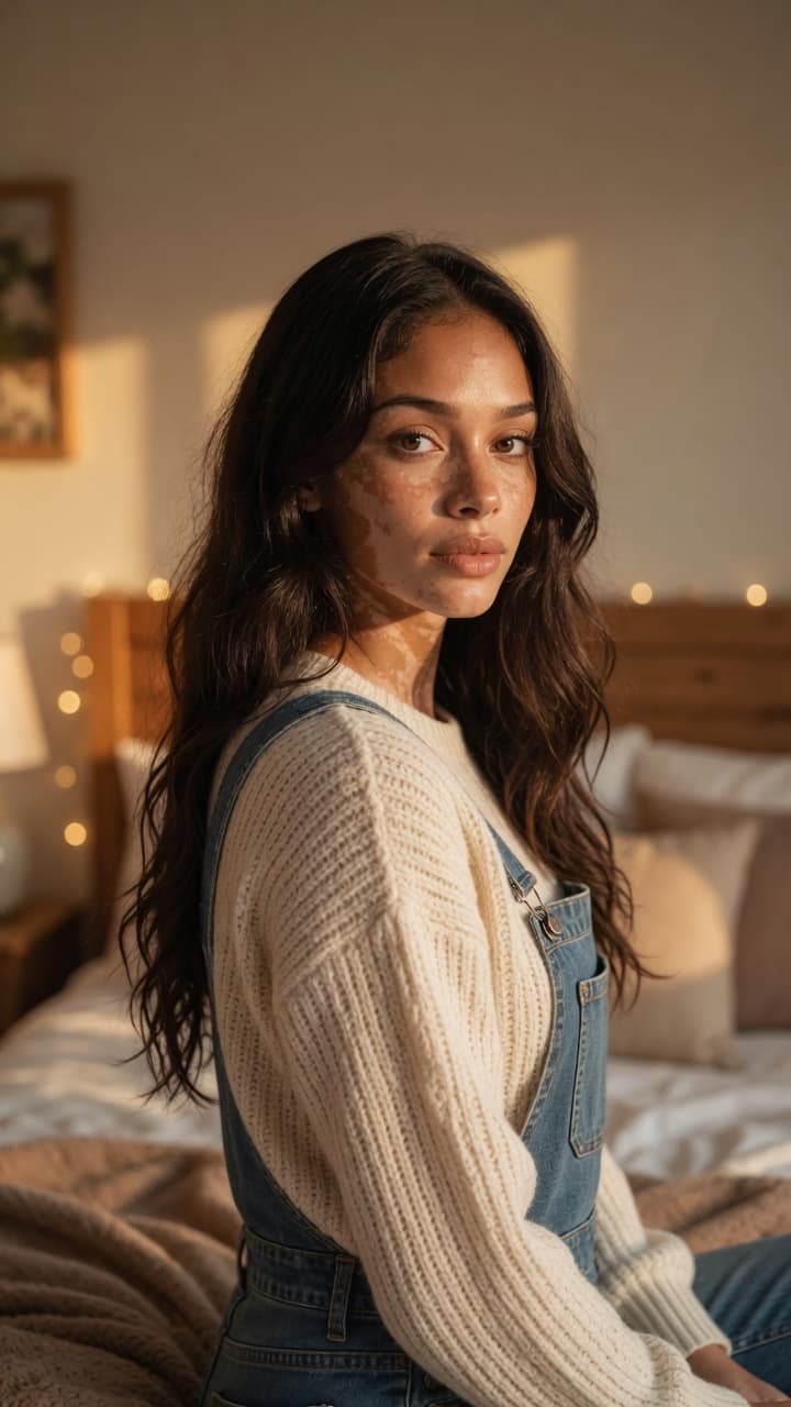 Cozy bedroom denim overalls glance