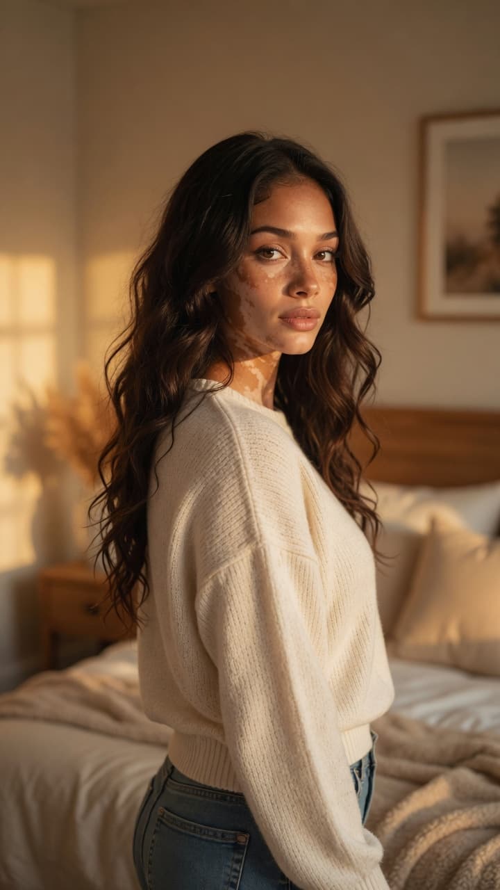 Casual sweater bedroom glance back