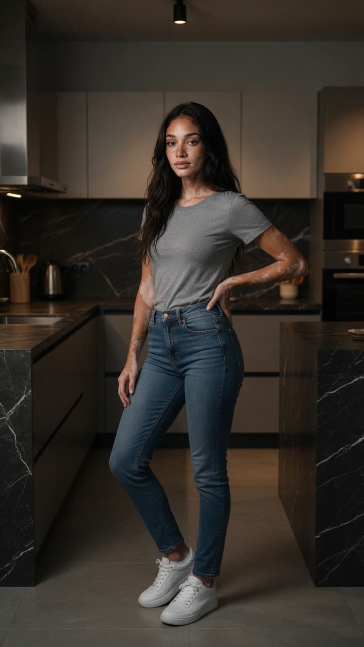 Slim brunette curves in kitchen