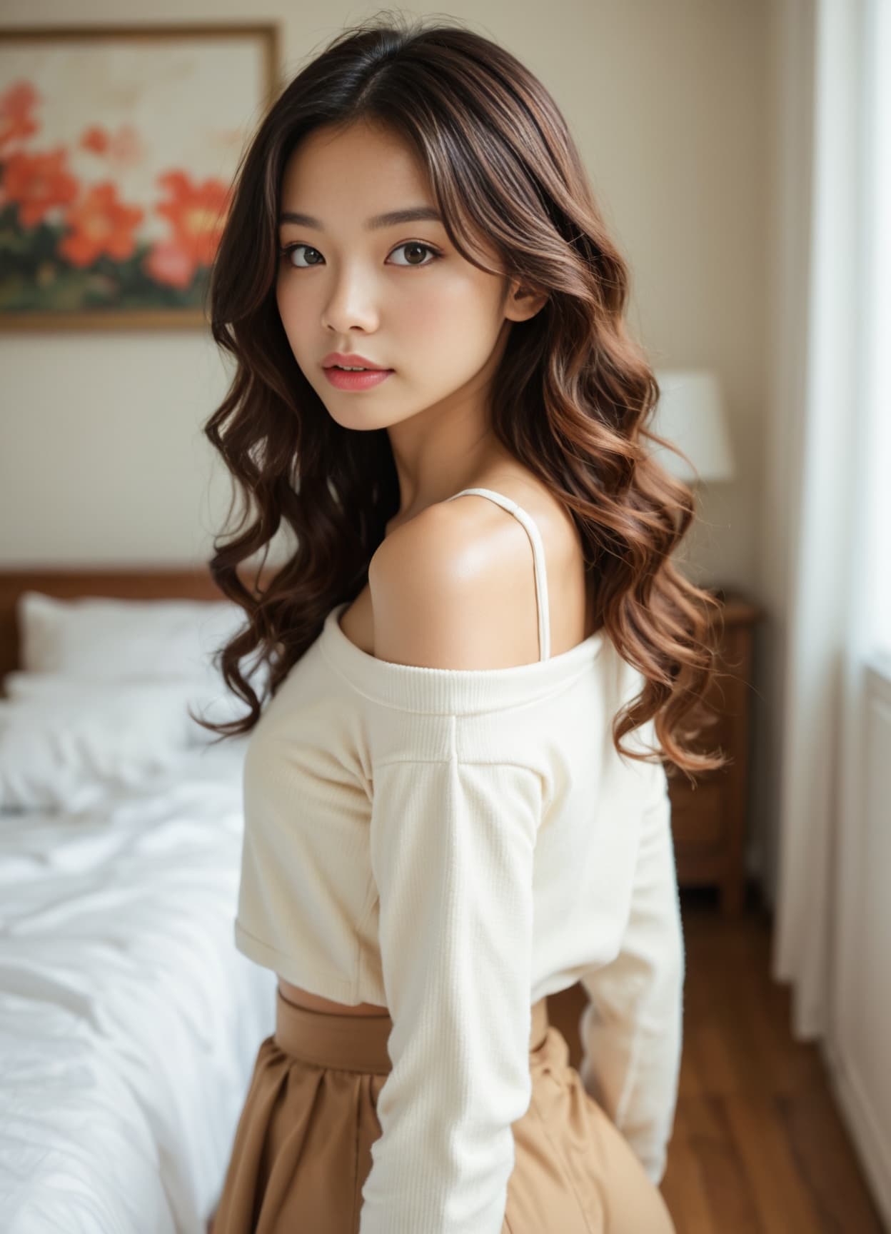 Milf in crop top glances back