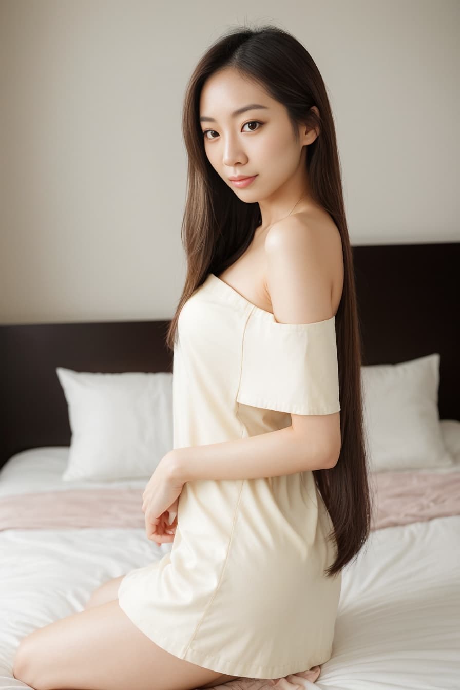 Cream dress bedroom glance back