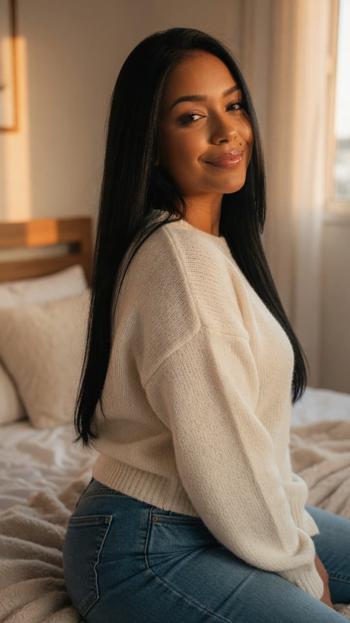 Raven hair latina over shoulder glance