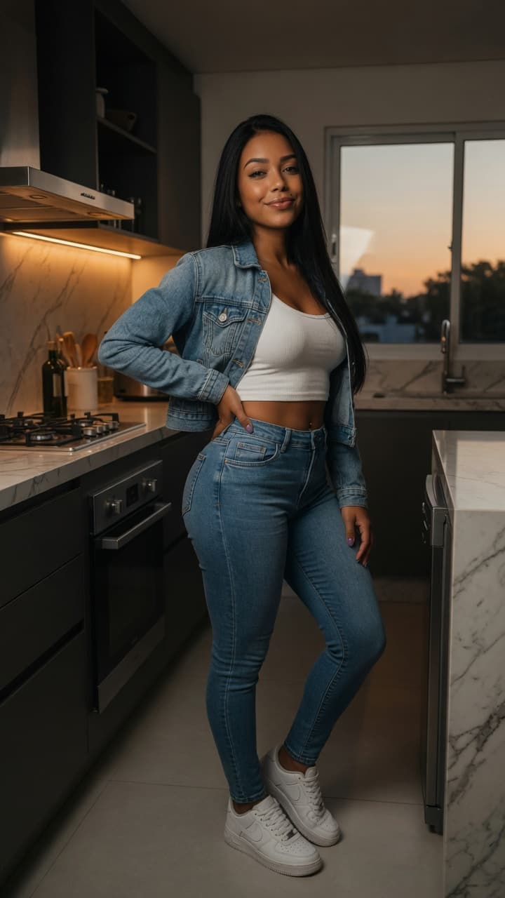 Young latina in kitchen at dusk