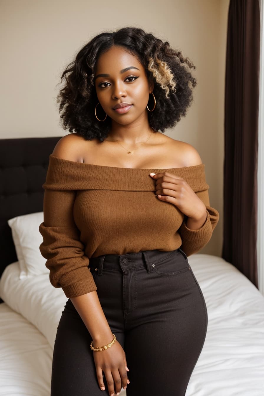 Curvy ebony cleavage sweater selfie