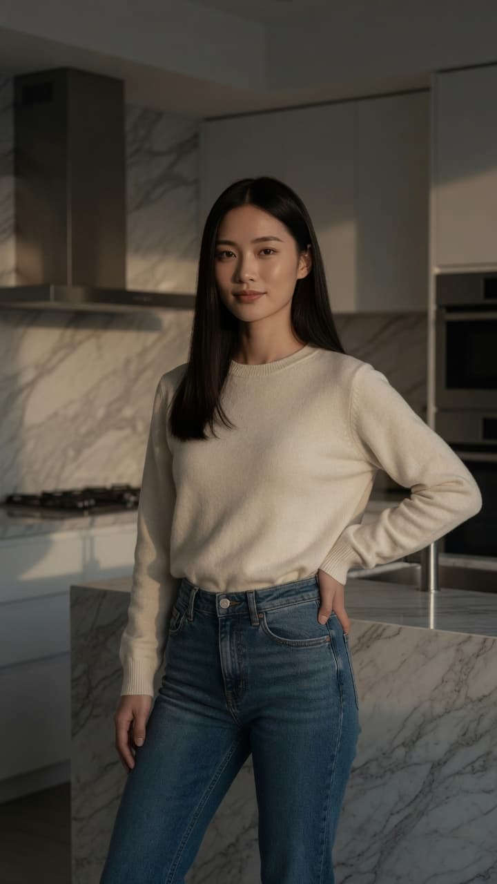 Seo-a moody evening kitchen pose in cute casual outfit