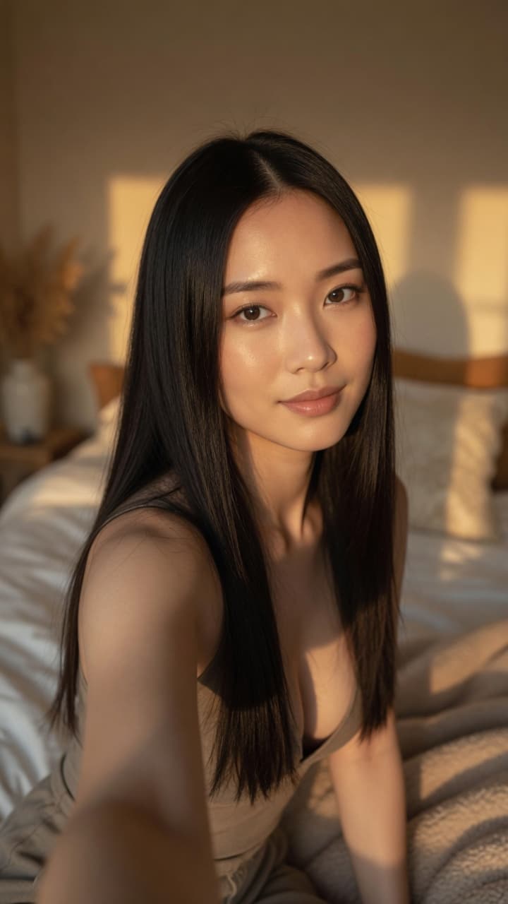 Seo-a golden hour bedroom plunge neckline selfie