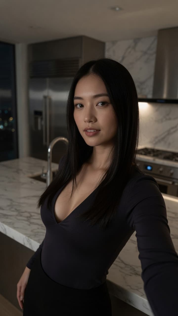 Seo-a sultry kitchen counter selfie evening light