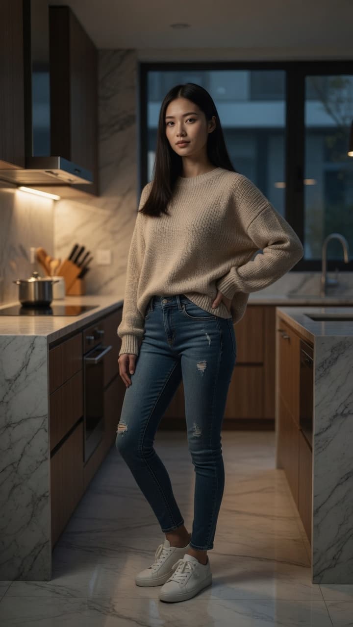 Confident kitchen pose in casual outfit