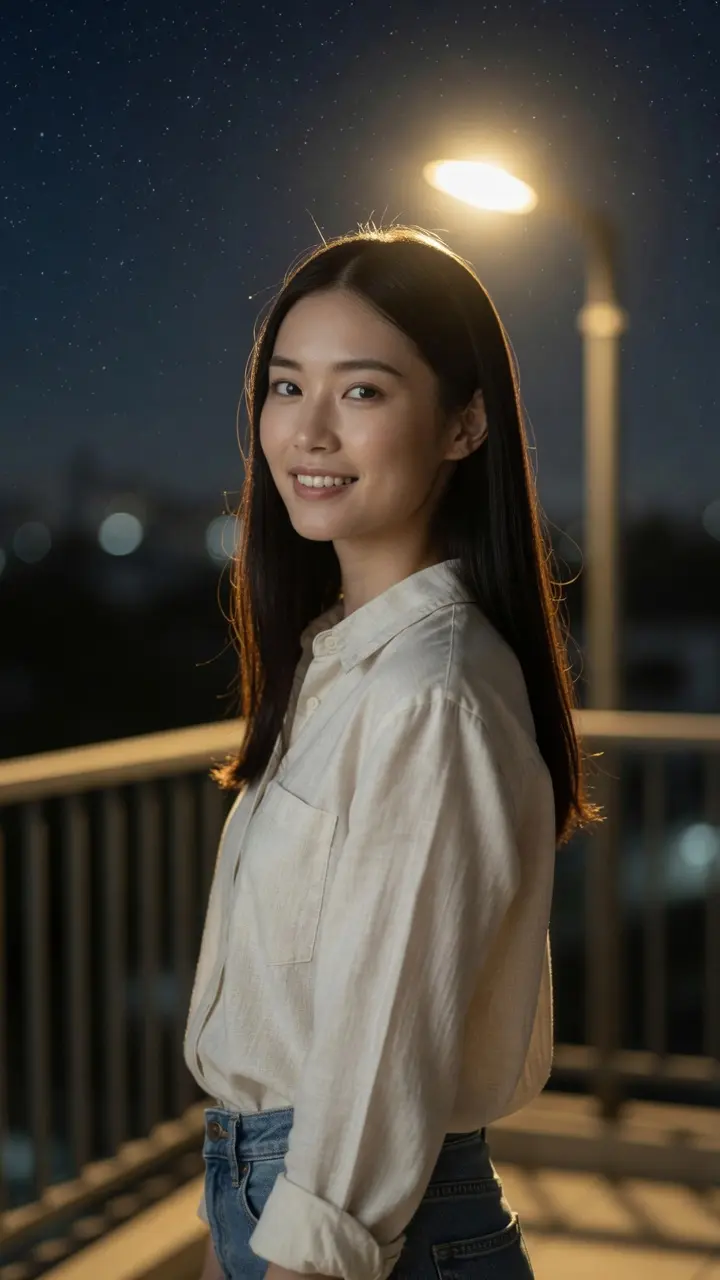 Night balcony casual shirt tease