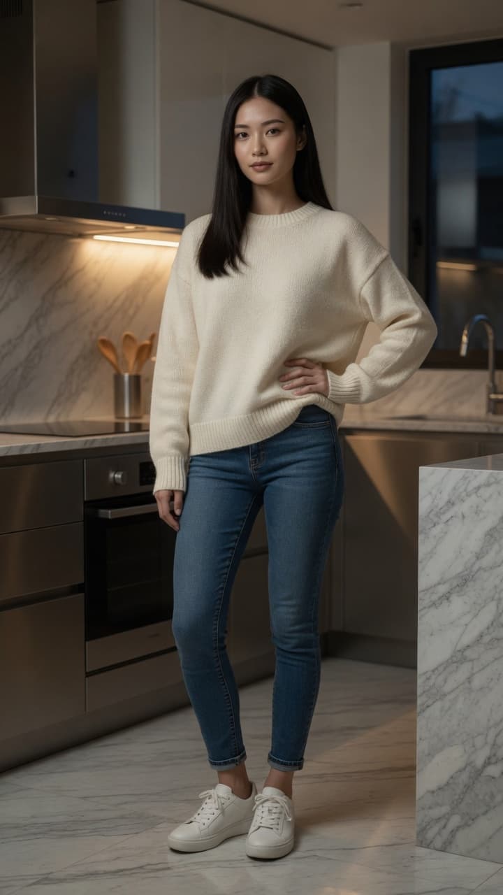 Slim Asian body in kitchen