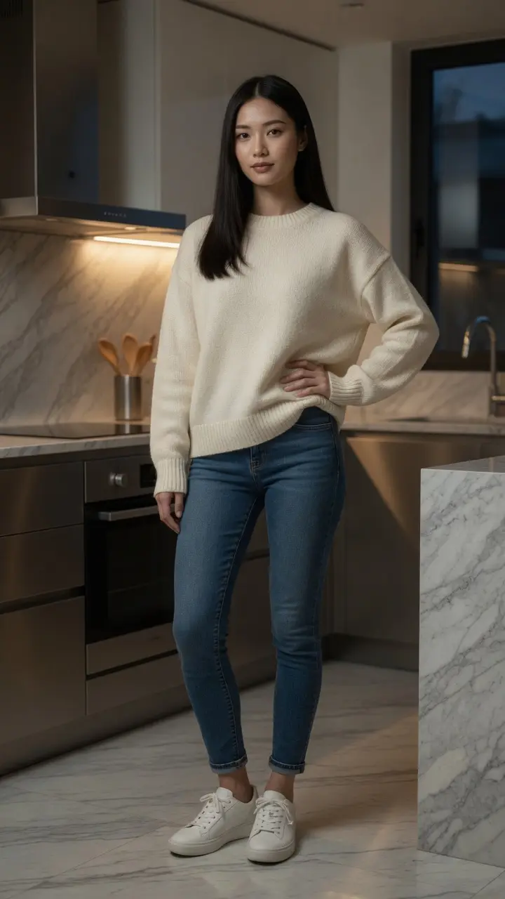 Slim Asian body in kitchen