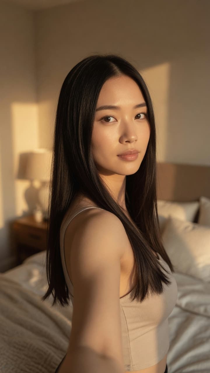 Over the shoulder bedroom selfie