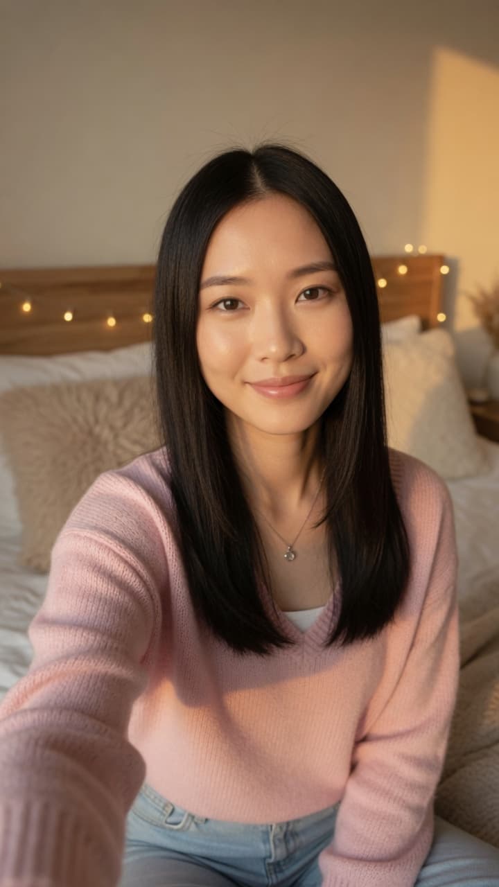 Young adult asian bedroom selfie